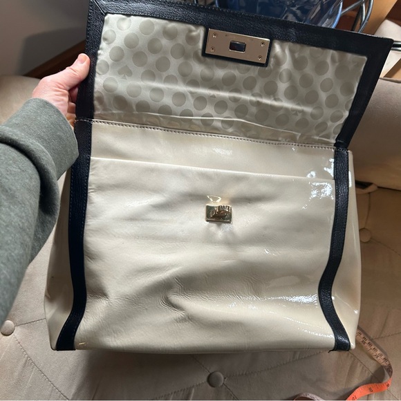 Kate Spade Cream Black Patent Leather Color block Satchel Tote Purse Handbag - Picture 11 of 15